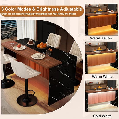 63 Inches Modern Kitchen Island Set with 4 Beige Bar Stools, Black Marble Look Top, Led Lighting Grill Design, Large Dining Table for Open Concept Spaces, Walnut Black Finish (Walnut + Black) (4
