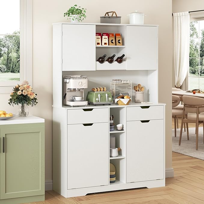 71"H Kitchen Pantry Storage Cabinet with Power Outlets and Two Drawers,10X2 Gallon Kitchen Hidden Double Tilt Out Trash Can Cabinet with Trash Bin Storage Holders,Laundry Hamper Cabinets(White)