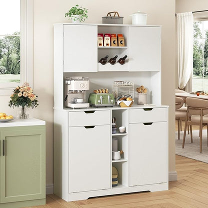 71"H Kitchen Pantry Storage Cabinet with Power Outlets and Two Drawers,10X2 Gallon Kitchen Hidden Double Tilt Out Trash Can Cabinet with Trash Bin Storage Holders,Laundry Hamper Cabinets(White)