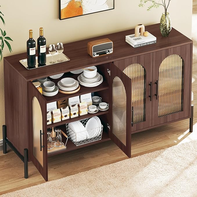 HUAHUU 55" Buffet Cabinet with Storage, Large Sideboard Buffet Cabinet with 4 Doors & 2 Adjustable Shelves, Modern Sideboard Storage Cabinets for Kitchen Living Room Entryway, Walnut