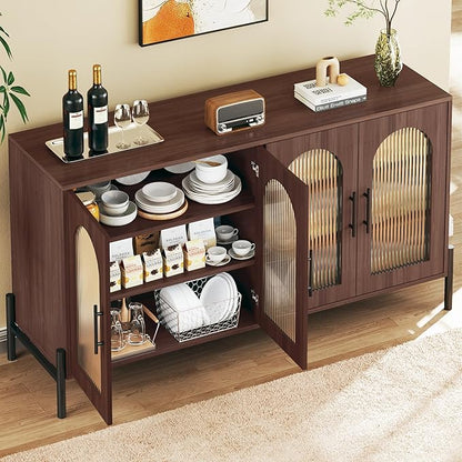 HUAHUU 55" Buffet Cabinet with Storage, Large Sideboard Buffet Cabinet with 4 Doors & 2 Adjustable Shelves, Modern Sideboard Storage Cabinets for Kitchen Living Room Entryway, Walnut