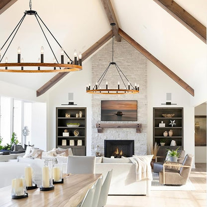 16-Light Wagon Wheel Chandelier Farmhouse, 43 Inch Large Chandeliers for High Ceilings, Modern Rustic Farmhouse Chandelier for Dining Room, Living Room, Entryway, Black&Khaki
