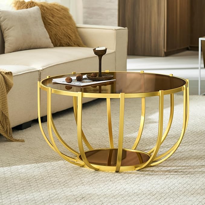 Saint Mossi 30" Glass Round Coffee Table for Living Room, Mid Century Modern 2-Tier Gold Drum Center Table, Brown Glass Top, Brown Mirror Shelf and Gold Frame, W30xH16.5