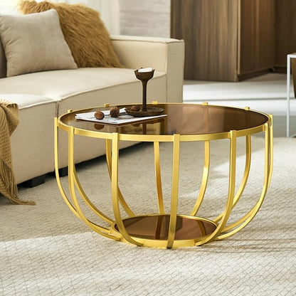 Saint Mossi 30" Glass Round Coffee Table for Living Room, Mid Century Modern 2-Tier Gold Drum Center Table, Brown Glass Top, Brown Mirror Shelf and Gold Frame, W30xH16.5