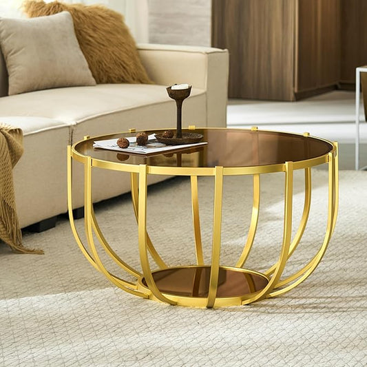 Saint Mossi 30" Glass Round Coffee Table for Living Room, Mid Century Modern 2-Tier Gold Drum Center Table, Brown Glass Top, Brown Mirror Shelf and Gold Frame, W30xH16.5