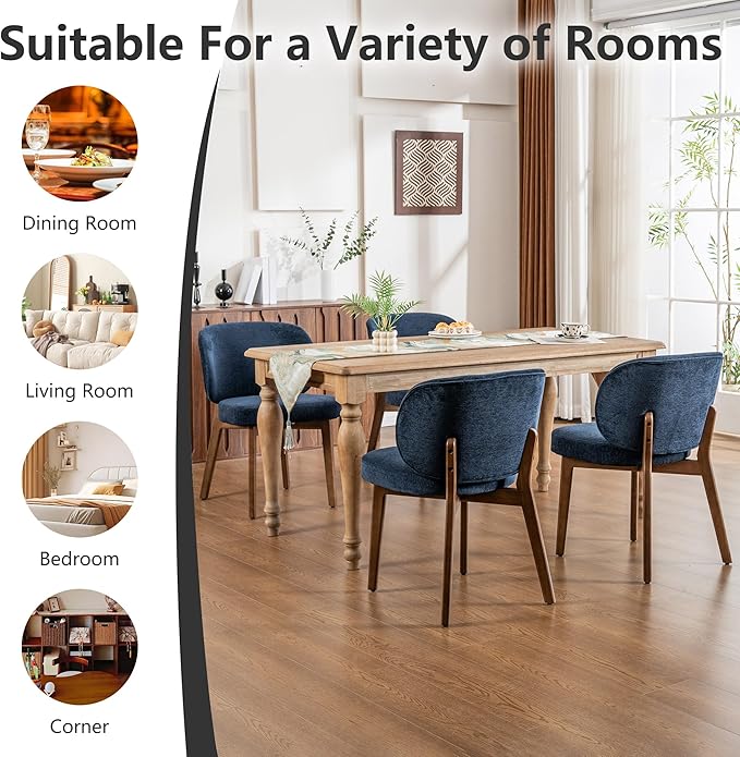 YOUNIKE Dining Chairs Set of 2 Mid Century Modern Kitchen Chair with Back Boucle Fabric Upholstered Armless Chair 20" Wide Padded Seat with Wooden Legs for Kitchen Dining Living Room Bedroom Navy Blue