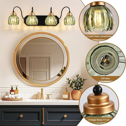 Vintage Bathroom Vanity Light, 4 Light Bathroom Lighting Fixtures Over Mirror, Mid Century Style Farmhouse Light Fixtures with Green Glass Shades, Black Finish Wall Mount for Bedroom , Living Room