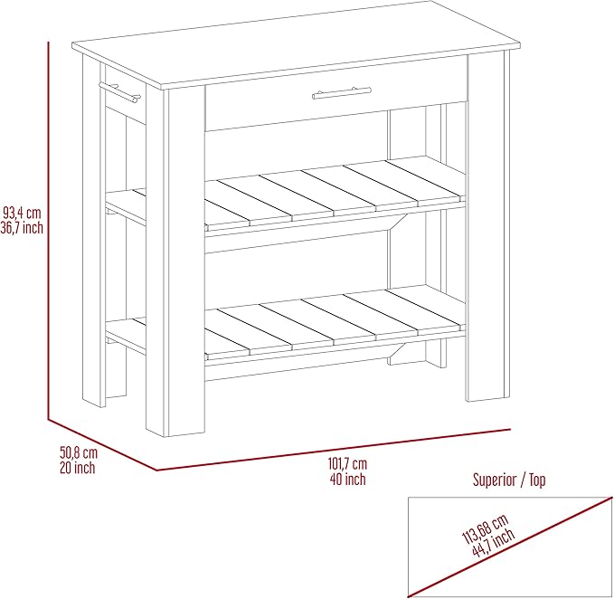 GOWE Kitchen Island 37" H, Two Open Storage Shelves, One Drawer, Four Legs,Towel Hanger, Black/Light Oak