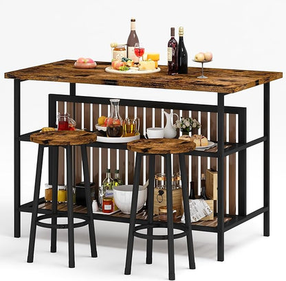 DKLGG Kitchen Island with Seating & Storage, Farmhouse Dining Table Set for 2, Space-Saving 3 Piece Dining Set Table & Chairs Island Table for Kitchen, Apartment, Dining Room, Rustic Brown