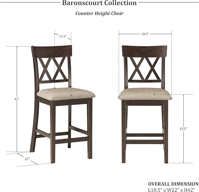 Lexicon Baronscourt Counter Stools Set of 2 - Upholstered Stool Padded Seat Height 25.5", Cross Back Counter Height Kitchen Chairs, Sturdy Solid Wood Frame, Footrest, Easy Assembly, Dark Brown