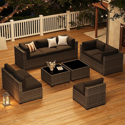LazySunsets 10-Piece Patio Furniture Set, Wicker Rattan Outdoor Furniture with Thick Cushions, Patio Conversation Sets with Coffee Table, Outdoor Sectional Couch Sofa with Waterproof Cover, Black