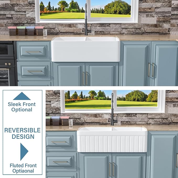 Double Bowl Farmhouse Sink White 33 x 18 Inch, Firecaly Apron Front Undermount Farm Sink Reversible(Sleek & Fluted Optional), Heavy-duty Dual Basin 50/50, for Kitchen