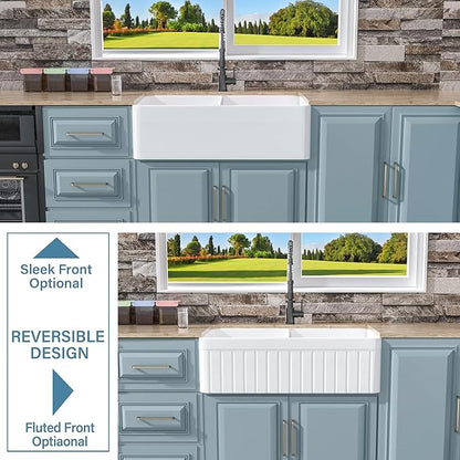 Double Bowl Farmhouse Sink White 33 x 18 Inch, Firecaly Apron Front Undermount Farm Sink Reversible(Sleek & Fluted Optional), Heavy-duty Dual Basin 50/50, for Kitchen