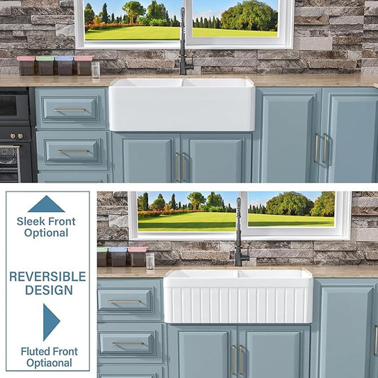 Double Bowl Farmhouse Sink White 33 x 18 Inch, Firecaly Apron Front Undermount Farm Sink Reversible(Sleek & Fluted Optional), Heavy-duty Dual Basin 50/50, for Kitchen