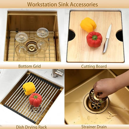 Gold Undermount Bar Sink Workstation,16x19 Small Kitchen Sink Brushed Gold Bar Sinks Undermount 18 Gauge Single Bowl Stainless Steel Kitchen Sinks with Cutting Board