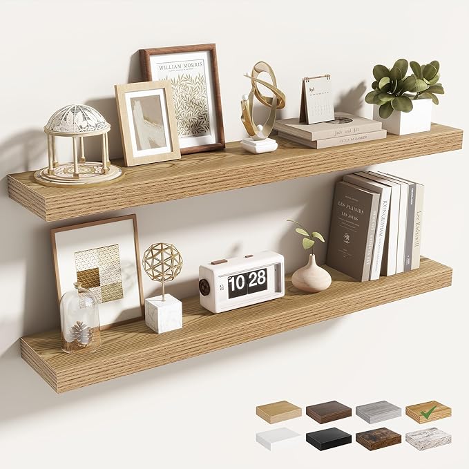 Acovy 36 Inch Floating Shelves for Wall 2 Pack, 36" Wall Shelves for Books, Storage, Decor, Wall Mounted Floating Shelf with Invisible Brackets for Kitchen, Living Room, Light Brown