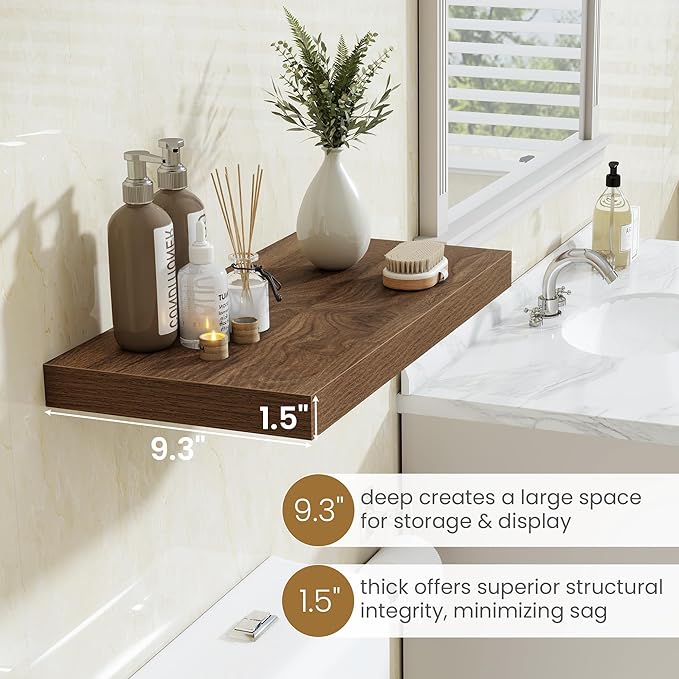 48"W x 9.3"D Floating Shelves for Wall, Wall Mounted Bathroom Shelves 2 Pack Deep Floating Shelf for Bedroom Kitchen Living Room, Rustic Wooden Wall Shelf with Invisible Bracket for Books Decor