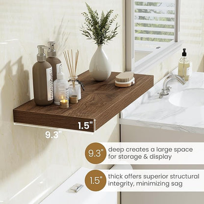 Fun Memories 48 Inch Floating Shelves, 9.3 Inch Deep Wall Shelves for Bathroom, Living Room, Bedroom, Kitchen, Deep Long Shelf Wall Mounted 1 Pack Shelf for Books, Decor, Walnut