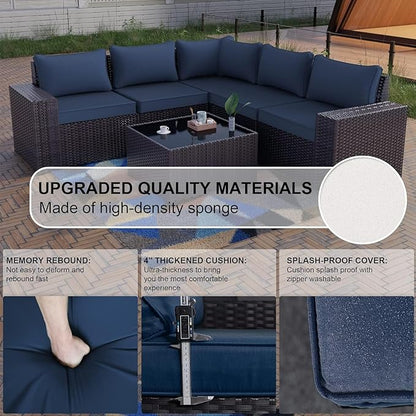 Kullavik 6PCS Outdoor Patio Furniture Set PE Wicker Rattan Sectional Sofa Patio Conversation Sets,Navy Blue