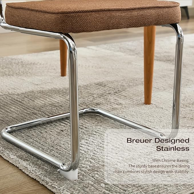 Rattan Back Linen Dining Chair Set of 2 Modern Breuer Designed Stainless Chrome Base Armless Upholstered Dining Chair for Dining Room, Kitchen Island(Coffee)