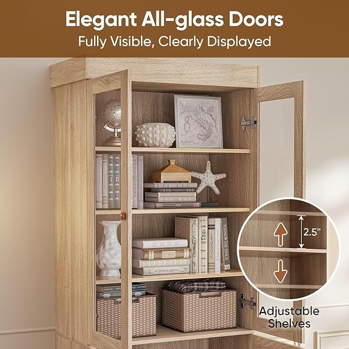 ivaniti 71" Tall Farmhouse Kitchen Pantry Cabinet, Brown Wood Hutch with Glass Doors, 3 Drawers & Adjustable Shelves, Large Storage Cabinet for Dining Room & Living Room, Set of 3