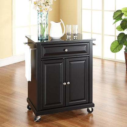 Crosley Furniture Compact Granite Top Small Rolling Cart with Shelves, Microwave Stand with Towel Rack, Black