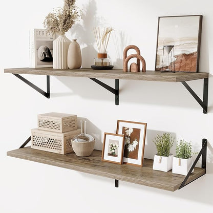 Acovy Deep Floating Shelves for Wall,36" Wx10 D Wood Wall Shelves with Metal Brackets,Hanging Storage Floating Shelf for Living Room,Bedroom,Bathroom,Office,Kitchen,Grey