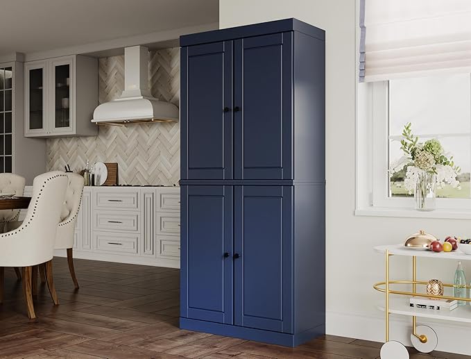 Palace Imports Solid Wood Kitchen Pantry Cabinet - 71.5" Tall x 32" Wide - Wooden Storage Cabinet with 4 Doors & Adjustable Shelves, Navy Blue, 100% Renewable Eco-Friendly Wood, Made in Brazil