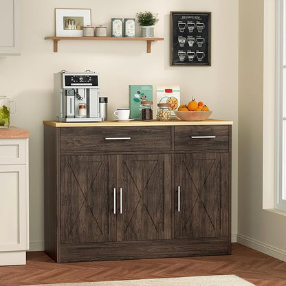 Shintenchi 3 Doors Farmhouse Sideboard Buffet Cabinet,42" Barn Doors Buffet with Storage,Wood Coffee Bar Cabinet with Adjustable Shelf for Kitchen,Living Room,Brown