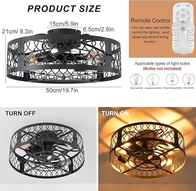 Garwarm 19.6in Caged Ceiling Fan with Light, Bladeless Black Fandelier Ceiling Fan with Remote, Industrial Farmhouse Samll Fan Lights Ceiling Fixtures for Kitchen, Bedroom（6 Speed, Timing）-Black