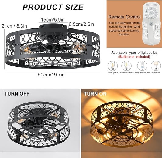 Garwarm 19.6in Caged Ceiling Fan with Light, Bladeless Black Fandelier Ceiling Fan with Remote, Industrial Farmhouse Samll Fan Lights Ceiling Fixtures for Kitchen, Bedroom（6 Speed, Timing）-Black