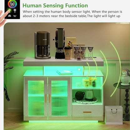 HNEBC LED Sideboard Buffet Cabinet with Charging Station, Smart Bar Cabinet with Auto RGB Lighted, High Gloss Coffee Bar with Drawer/Hutch for Living Room, Dining Room, Home Storager(White)