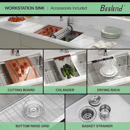 25 Inch Undermount Kitchen Sink - Beslend ADA 6 Inch Depth 25x18 Undermount Worksation Sinks Under Counter Stainless Steel 16 Gauge Mobility Friendly Sink for Wheelchair Accessible Kitchen