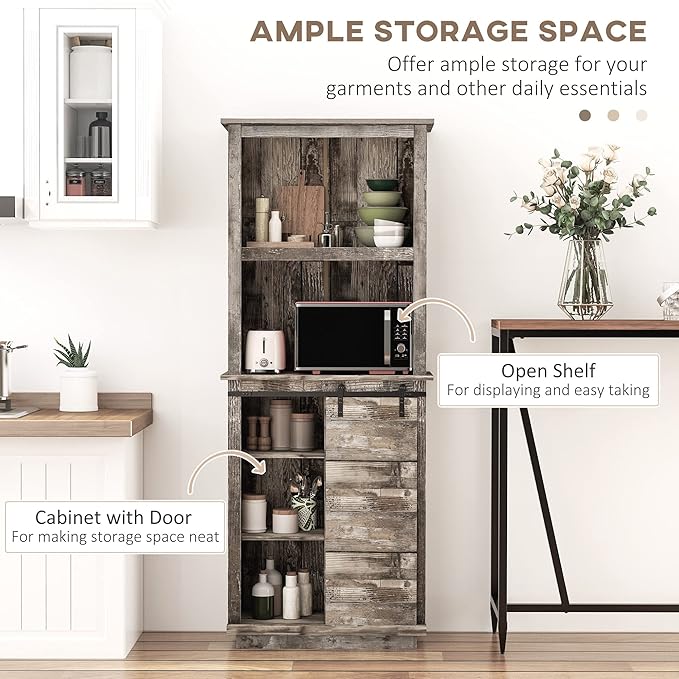 Modern Kitchen Pantry, Freestanding Buffet Cabinet with Hutch, Sliding Barn Door, Adjustable Shelf, Easy to Maintain, for Dining Room