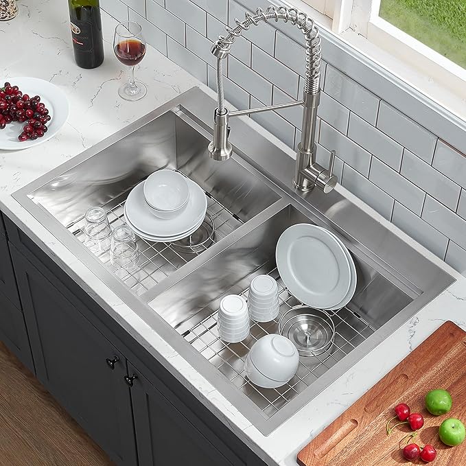 KINGO HOME 50/50 Double Bowl Kitchen Sink, 33x22 Inch Drop In Kitchen Sink, 33 Inch Ledge Workstation 16 Gauge Stainless Steel Topmount Double Basin with Cutting Board