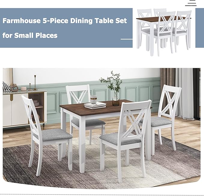 VilroCaz Minimalist Solid Wood 5-Piece Dining Table Set, Kitchen Dining Table Set for 4, Rectangular Table with 4 X-Back Upholstered Chairs for Dining Room Small Places (White-Min)