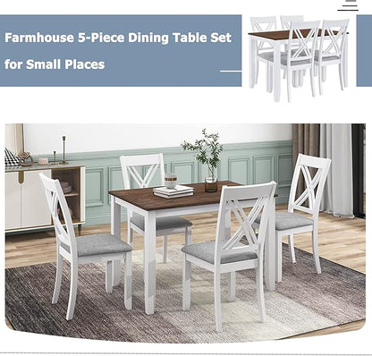 VilroCaz Minimalist Solid Wood 5-Piece Dining Table Set, Kitchen Dining Table Set for 4, Rectangular Table with 4 X-Back Upholstered Chairs for Dining Room Small Places (White-Min)