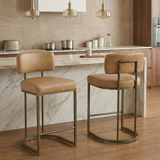 26" H Counter Height Bar Stools Set of 3, Modern Faux Leather Upholstered Barstools with Backrest for Kitchen Island, Gold Metal Frames, Brown