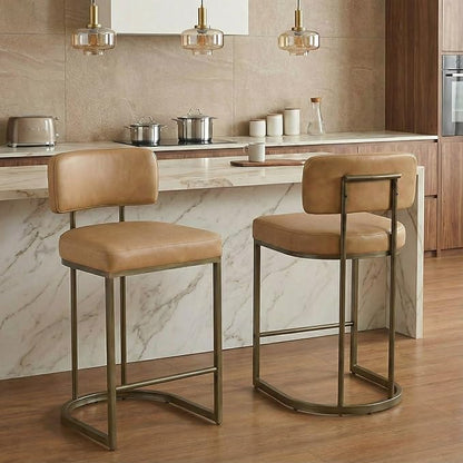 26" H Counter Height Bar Stools Set of 3, Modern Faux Leather Upholstered Barstools with Backrest for Kitchen Island, Gold Metal Frames, Brown