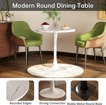 White Marble Round Dining Table 24" Circle Tulip Table with Thickened Tabletop & Sturdy Metal Pedestal Mid Century Modern Leisure Bistro Kitchen Tables 2 People Small Places Living Room Cafe