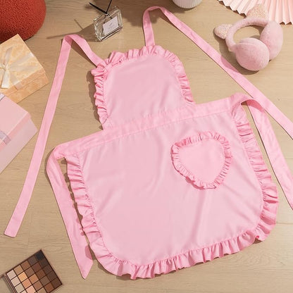 Geyoga Valentine Pink Long Ruffle Aprons for Women with Pockets Kitchen Maid Apron Vintage Skirt Cute Ruffle Dress Costume