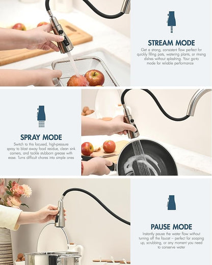 GIMILI Kitchen Faucet with Soap Dispenser Single Hole Kitchen Sink Faucet with Pull Down Sprayer Suitable for Farmhouses RV Laundry Room Outdoor and Campers Brushed Nickel