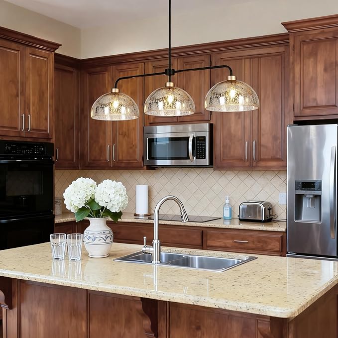KSANA Kitchen Island Lighting, 3 Light Linear Chandelier with Mercury Dome Glass 44" Large Mid-Century Modern Pendant Light Black and Gold Chandelier for Dining Room