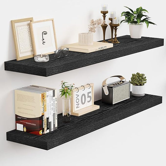 Vivelove 32 Inch Floating Shelves, Deep Wall Shelves with Invisible Brackets, Display Shlf for Bathroom Living Room Kitchen Bedroom Office Farmhouse Home Decor, 32" X 9.3" X 1.5" - Set of 2, Black