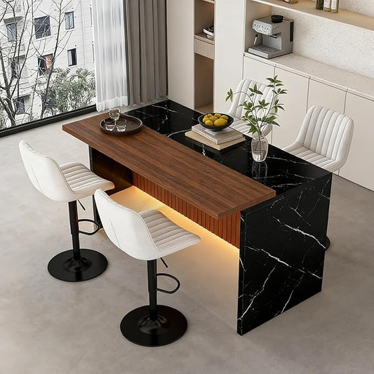 Montary 63-inch Modern Kitchen Island and Dining Table Set with 4 Swivel Stools, Marble-Look Countertop with LED Lights and Metal Grille Design, for Kitchen, Living Room,Black & Beige