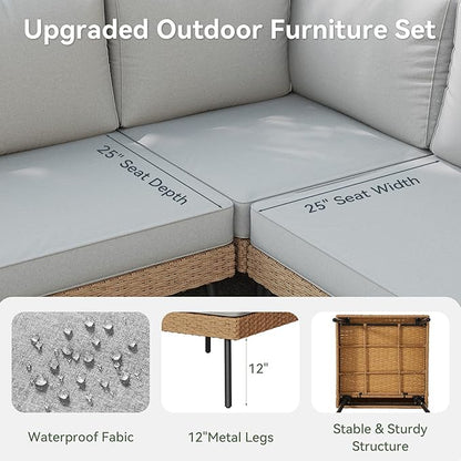 Aoxun Patio Furniture Set, 5 Piece Outdoor Sectional Sofas with Thick Cushion, Wicker Outdoor Patio Furniture Set with Coffee Table for Party, Garden, Backyard, Grey