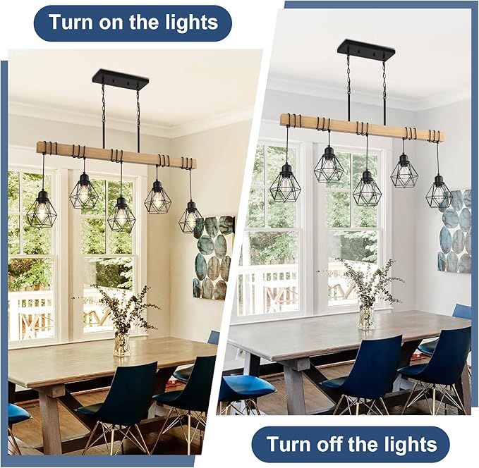 38" Farmhouse Kitchen Light Fixture, Black Hanging Kitchen Chandelier, 5-Light Rustic Dining Room Light Adjustable Height with Wood and Metal Frame, Suit for Farmhouse, Industrial Style