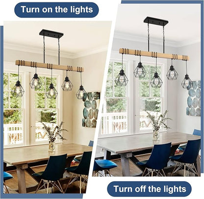 38" Farmhouse Kitchen Light Fixture, Black Hanging Kitchen Chandelier, 5-Light Rustic Dining Room Light Adjustable Height with Wood and Metal Frame, Suit for Farmhouse, Industrial Style