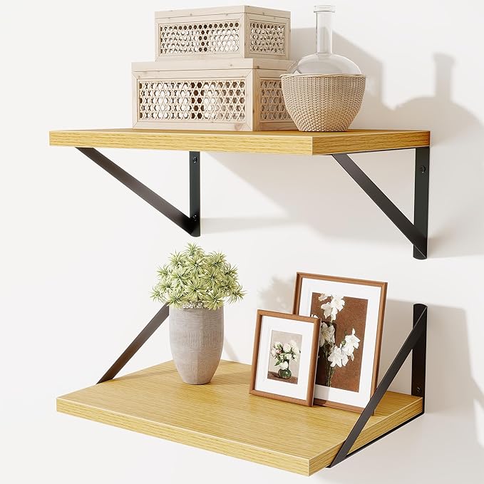 Acovy Deep Floating Shelves,16" Wx10 D Floating Shelves for Wall Set of 2,Heavy Duty Wood Floating Shelf with Metal Bracket,Wall Mounted Hanging Shelf for Living Room Bedroom Bathroom Kitchen,Oak