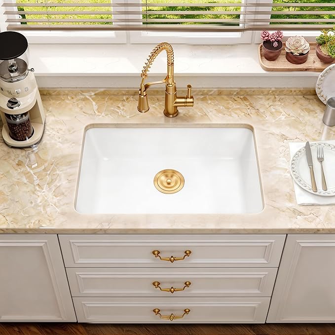 Kitsitchen 23 Inch White Undermount Kitchen Sink, Small Granite Composite Kitchen Sink, 23" x 18" Quartz Stone Kitchen Sink with Drain Assembly & Bottom Gird